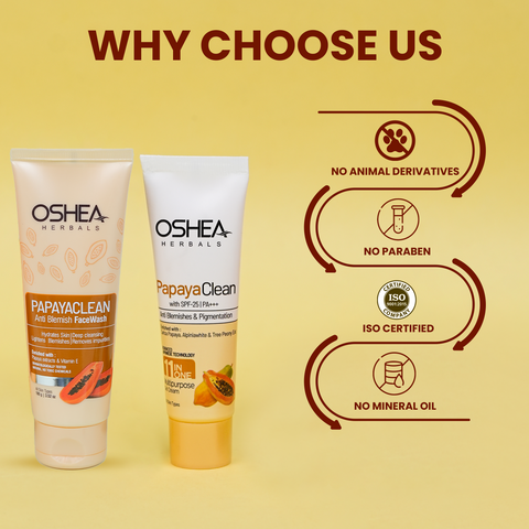 Why Choose Us Papaya clean Anti Blemish Face wash Papaya Clean 11 In One Gel Cream With SPF-25PA Combo Oshea Herbals